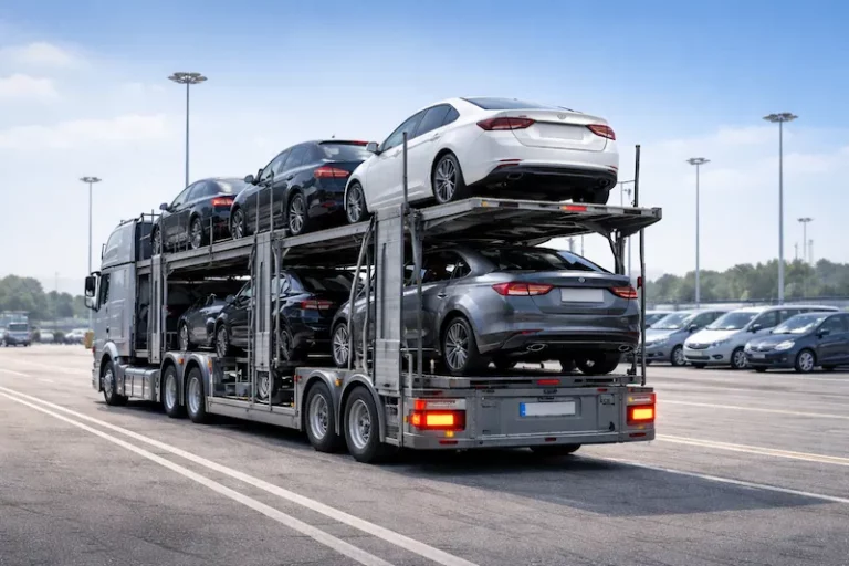 Haulaway operations truck carrying multiple new sedans on a multi-level carrier in an outdoor lot