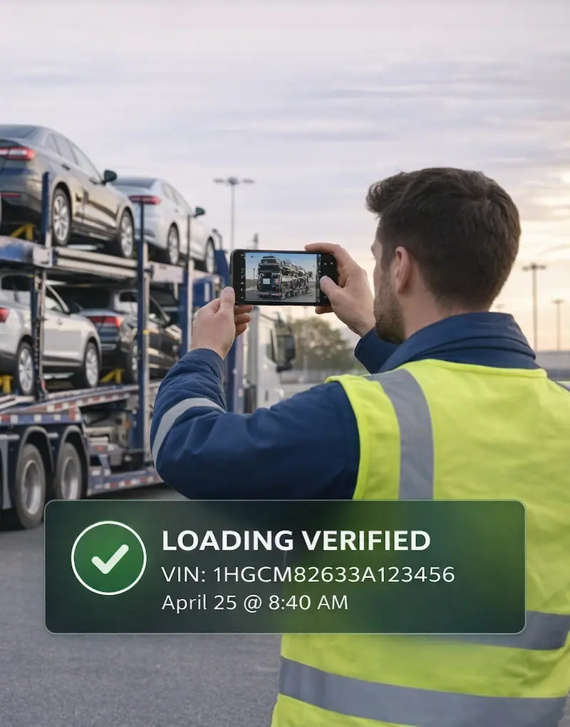 Car transporter driver photographing loaded vehicles to verify VIN during vehicle loading