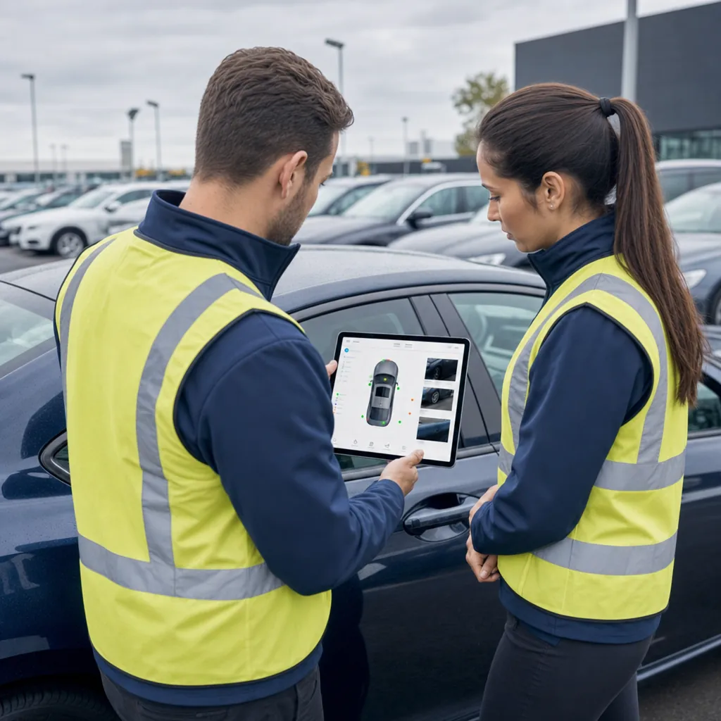 Inspectors using the FocalX AI tablet app to check a car for damage at a vehicle lot
