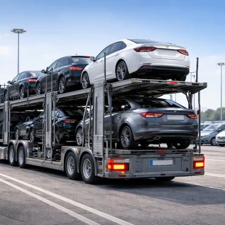 Haulaway operations truck carrying multiple new sedans on a multi-level carrier in an outdoor lot